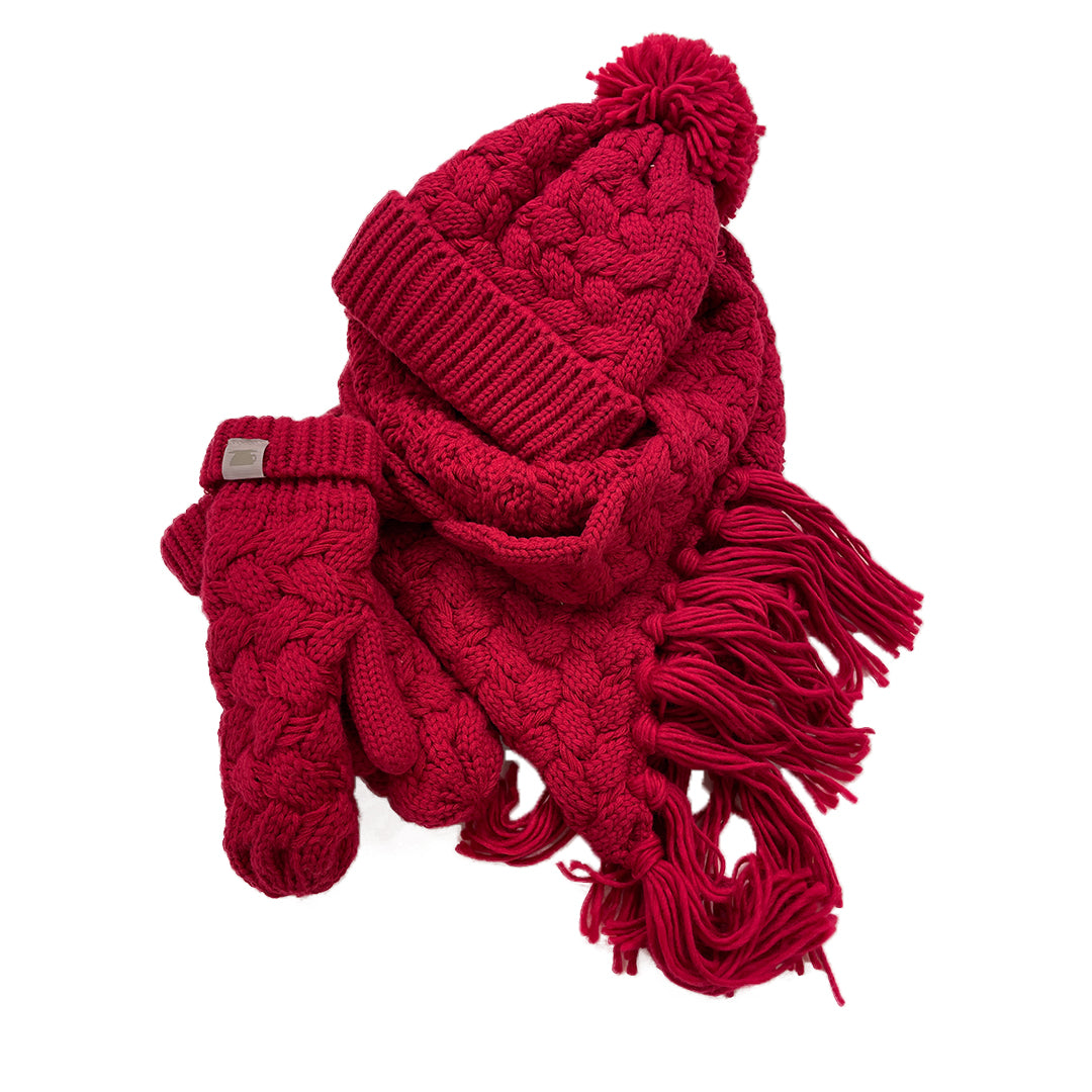 Embrace the Cold in Style: Stay Cozy with Coffee Shoppe's Textured Cable Collection in Deep Red!"