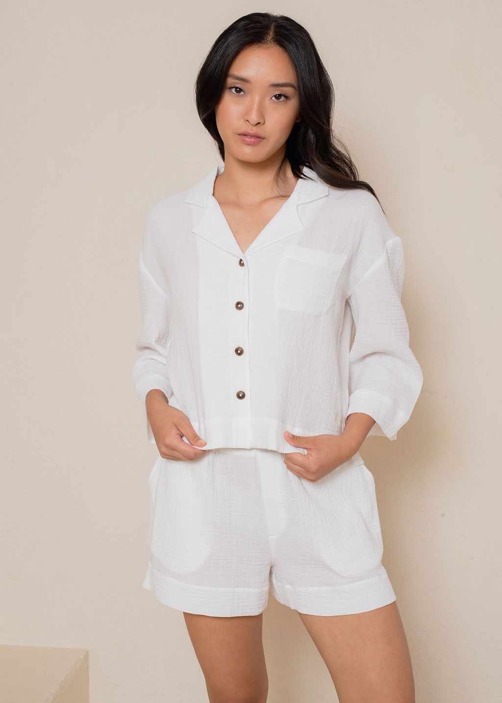 CRINKLED COTTON GAUZE WIDE SLEEVE TOP - LATTELOVE Co.