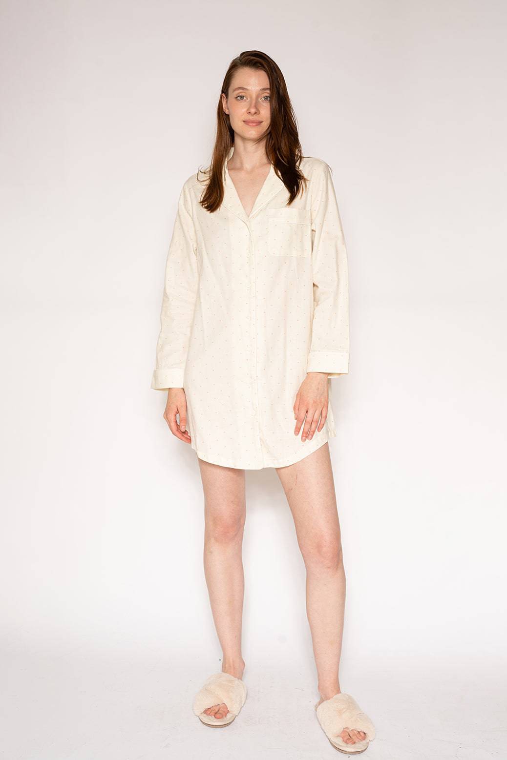Long Sleeve Flannel Night Shirt - Irish Cream Pindot - LATTELOVE Co.