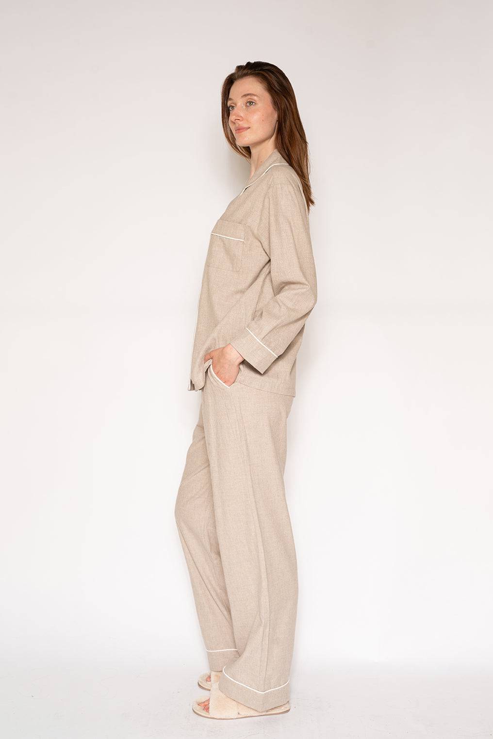 FLANNEL LS & PANT PJ SET - HEATHER OAT - LATTELOVE Co.