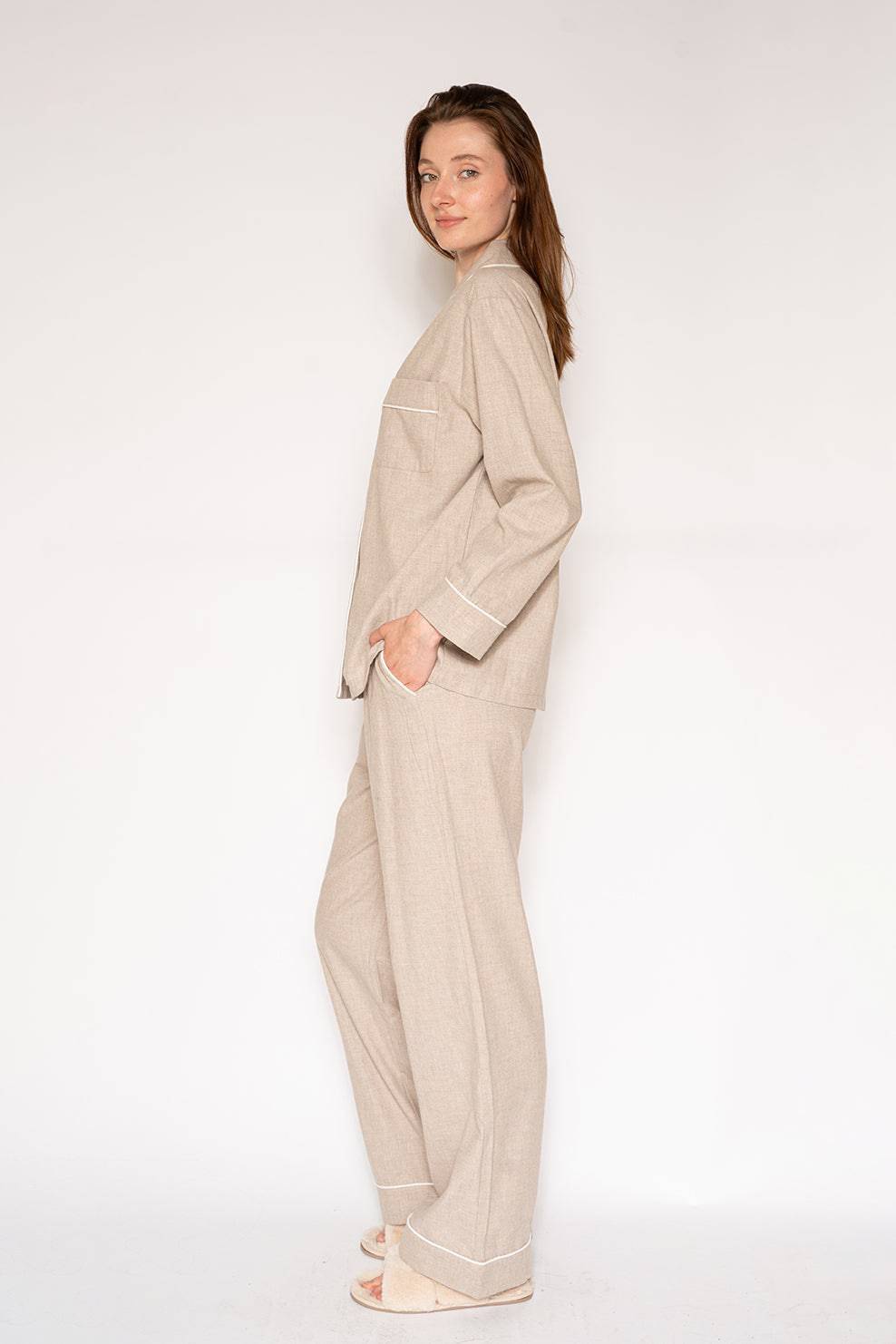 FLANNEL LS & PANT PJ SET - HEATHER OAT - LATTELOVE Co.