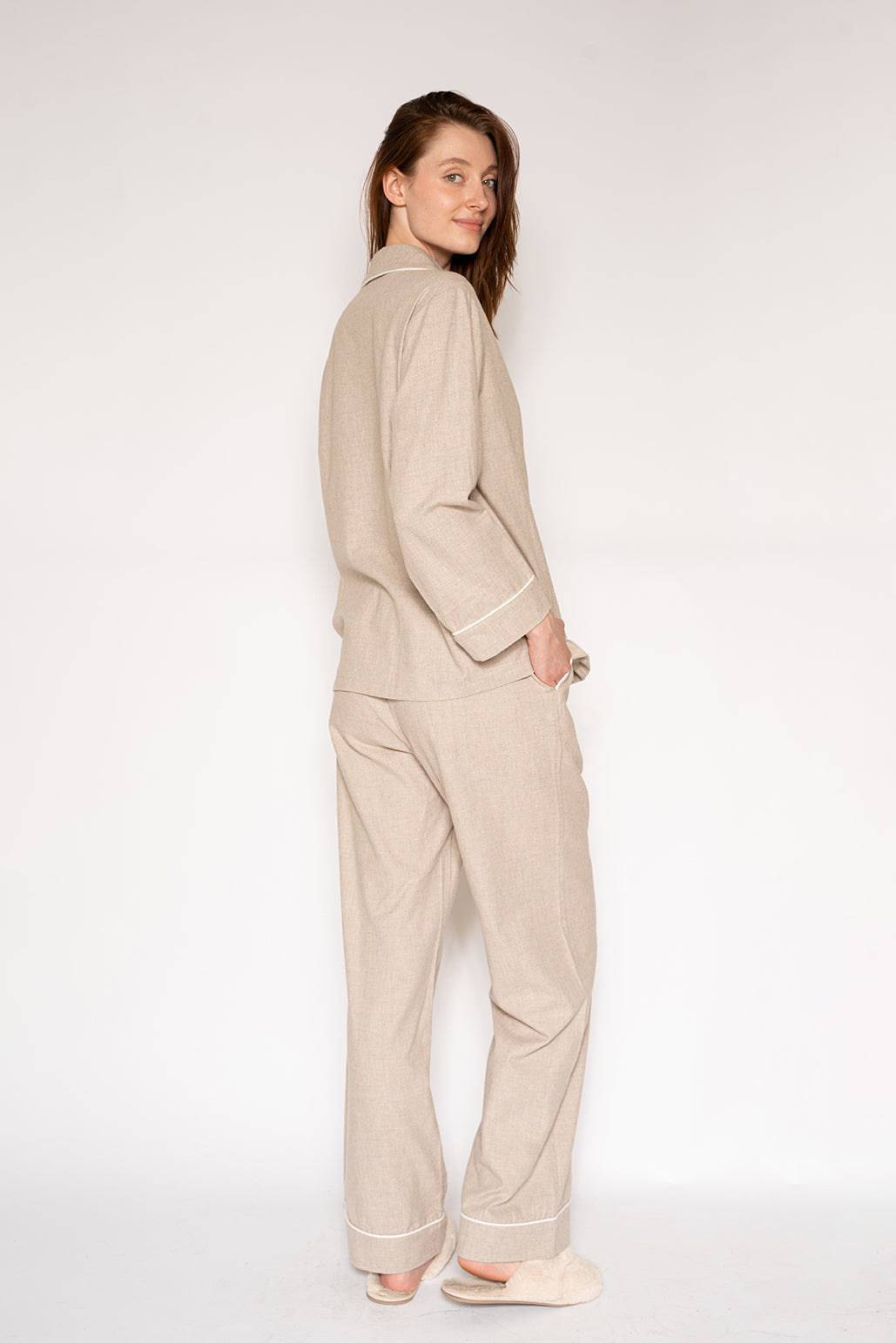 FLANNEL LS & PANT PJ SET - HEATHER OAT - LATTELOVE Co.