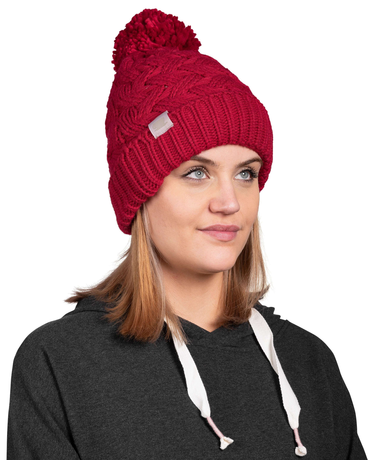 Basket Weave Plush Beanie Hat with Pom Pom - Deep Red - LATTELOVE Co.