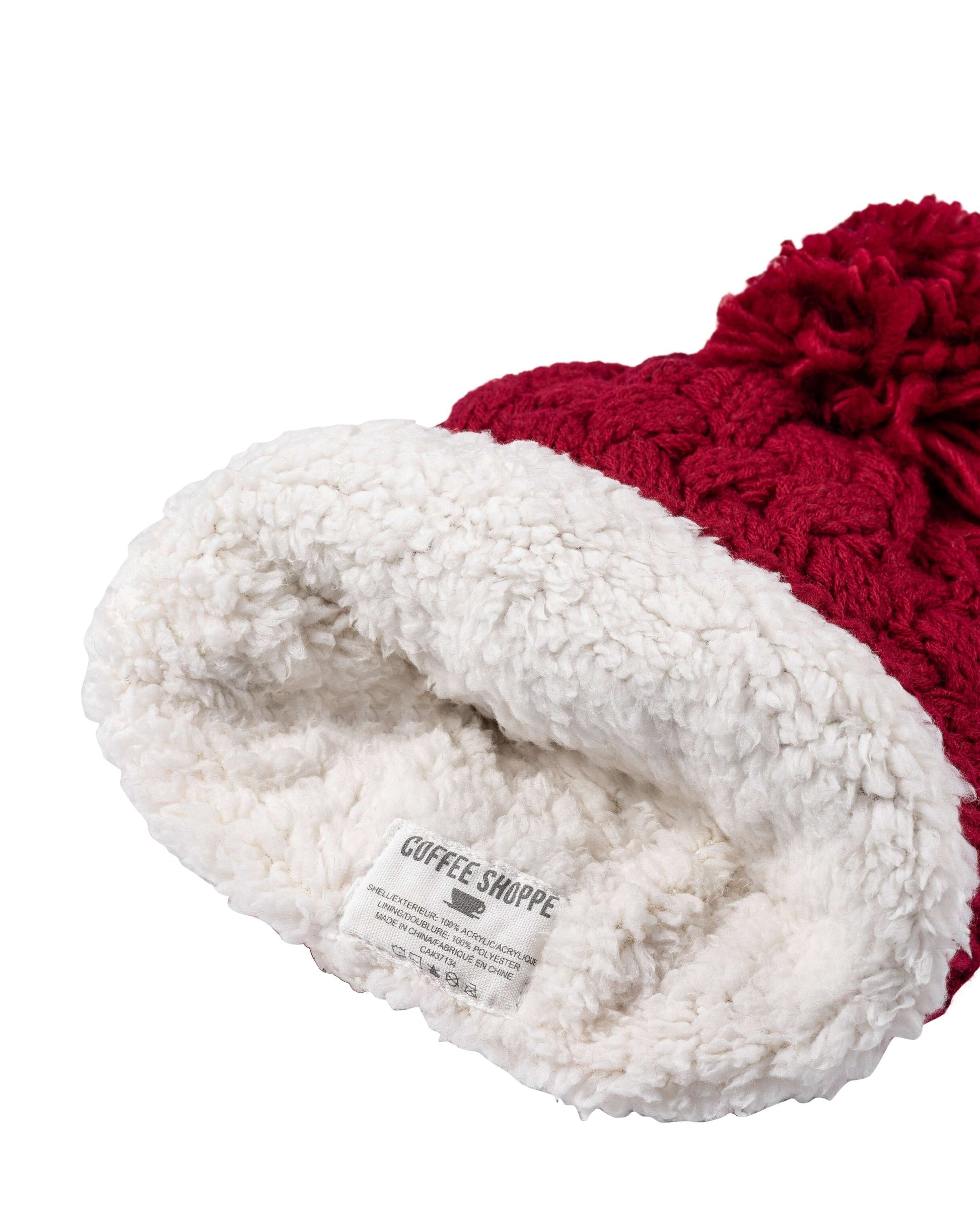 Basket Weave Plush Beanie Hat with Pom Pom - Deep Red - LATTELOVE Co.