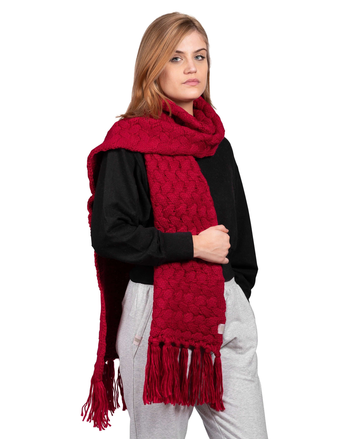 Basket Weave Tassel Wrap Scarf - Deep Red - LATTELOVE Co.