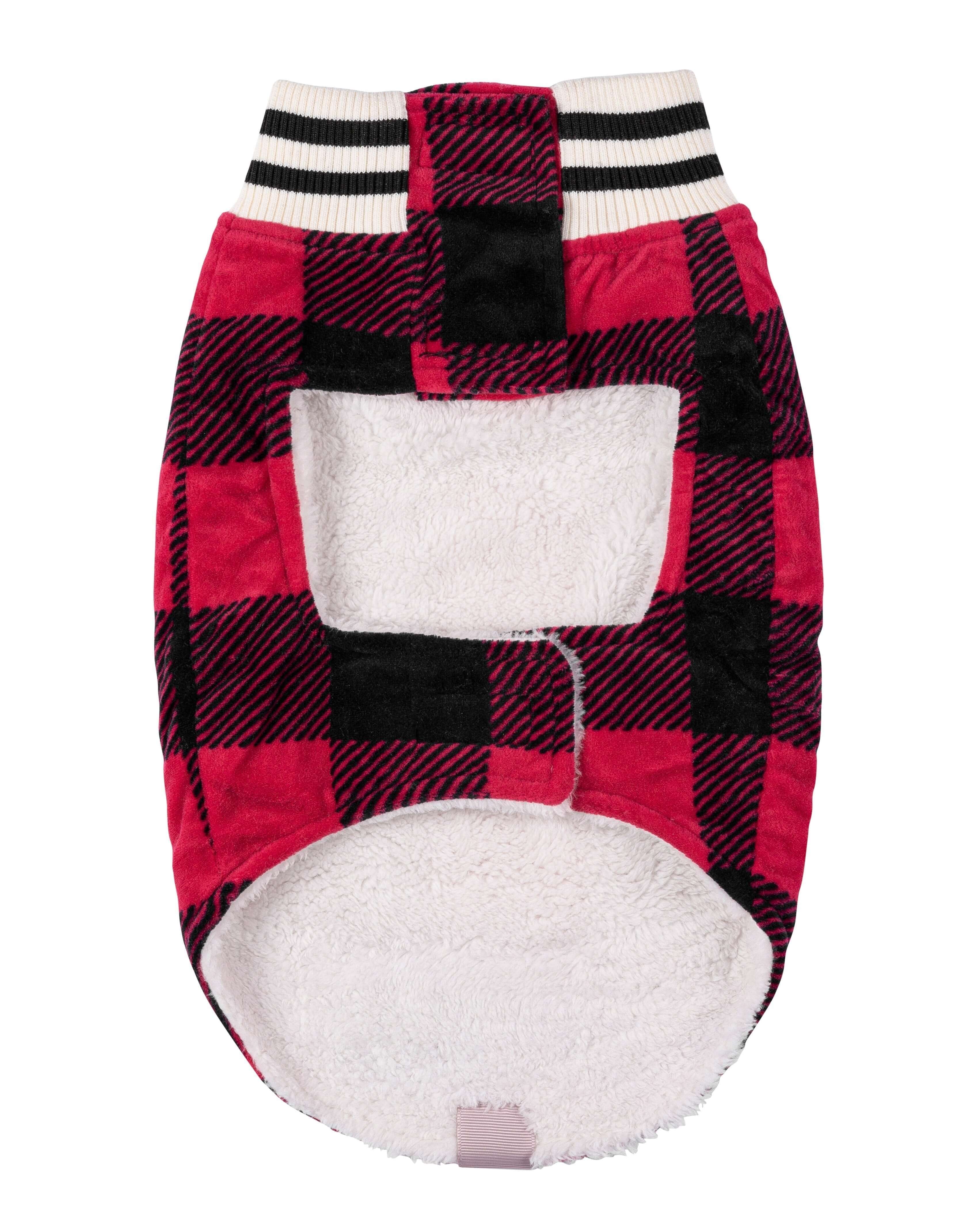 Canadiana Plaid Puppy Coat with Shawl Collar - Deep Red Buffalo Plaid - LATTELOVE Co.