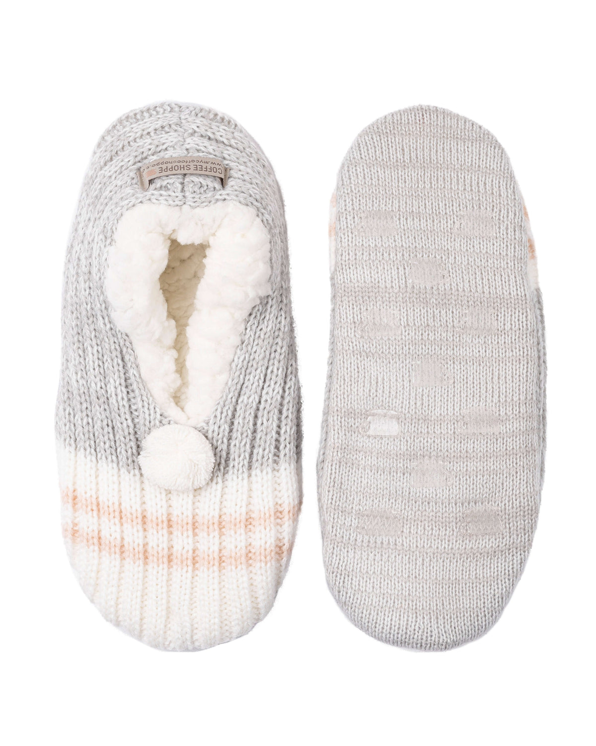 Canadiana Plush Pom-Pom Slippers - Soft Grey - LATTELOVE Co.