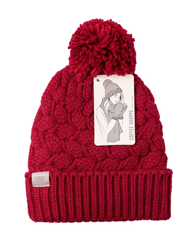 Basket Weave Plush Beanie Hat with Pom Pom - Deep Red - LATTELOVE Co.
