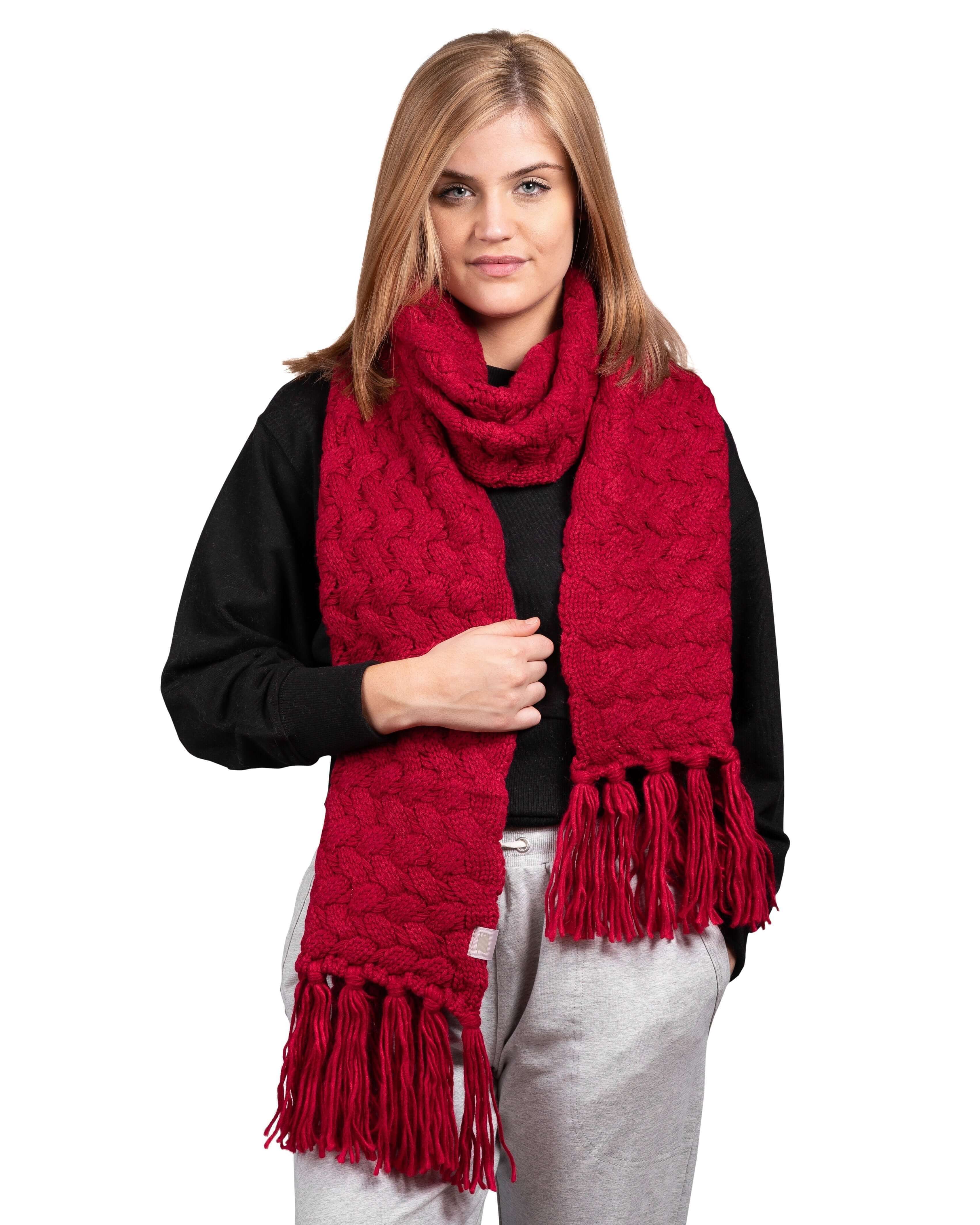 Basket Weave Tassel Wrap Scarf - Deep Red - LATTELOVE Co.