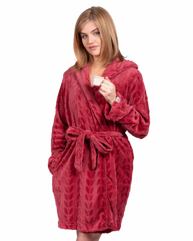 Spa-Day Hooded Plush Robe - Deep Red - LATTELOVE Co.