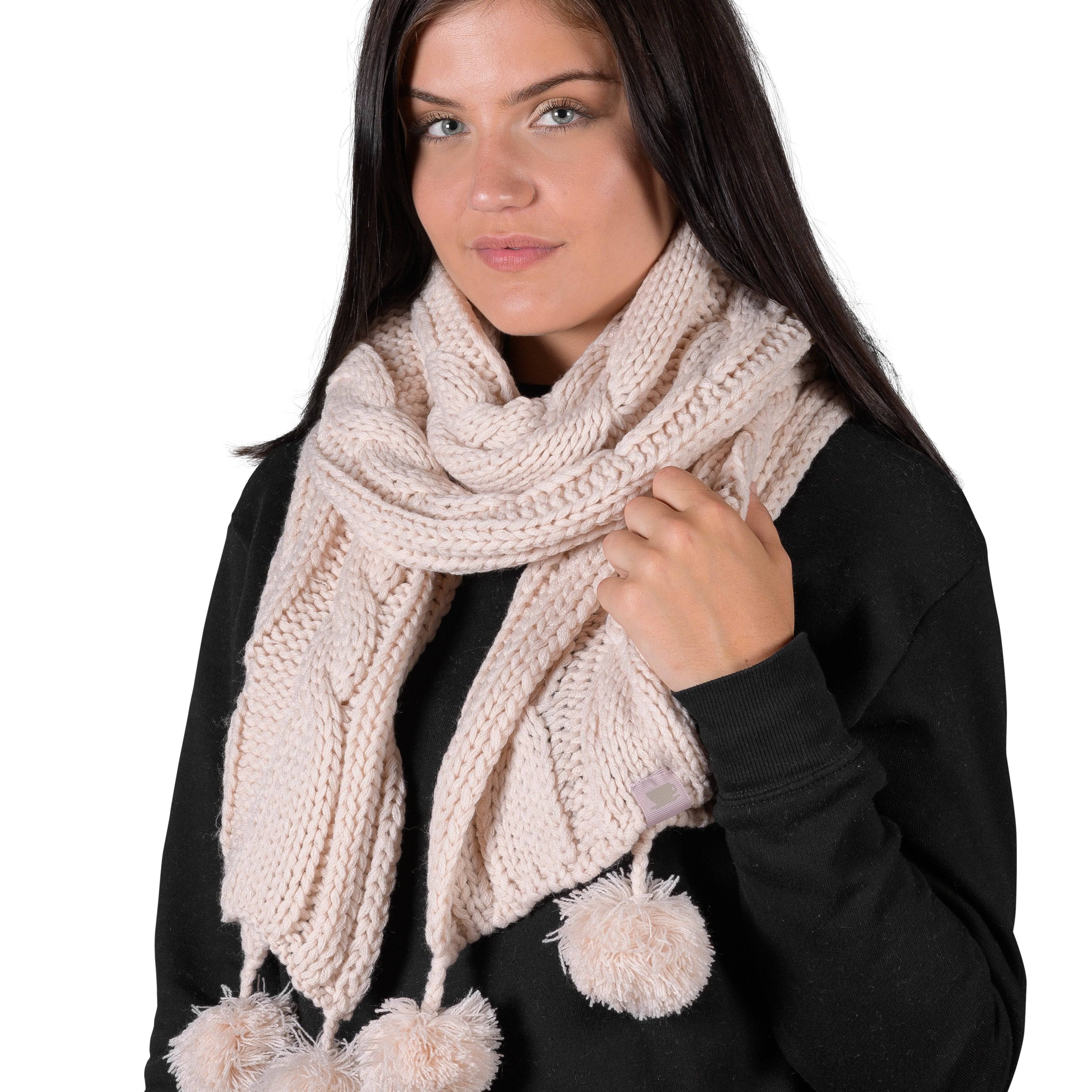 Textured Cable Knit Pom Pom Scarf - Millennial Pink - LATTELOVE Co.