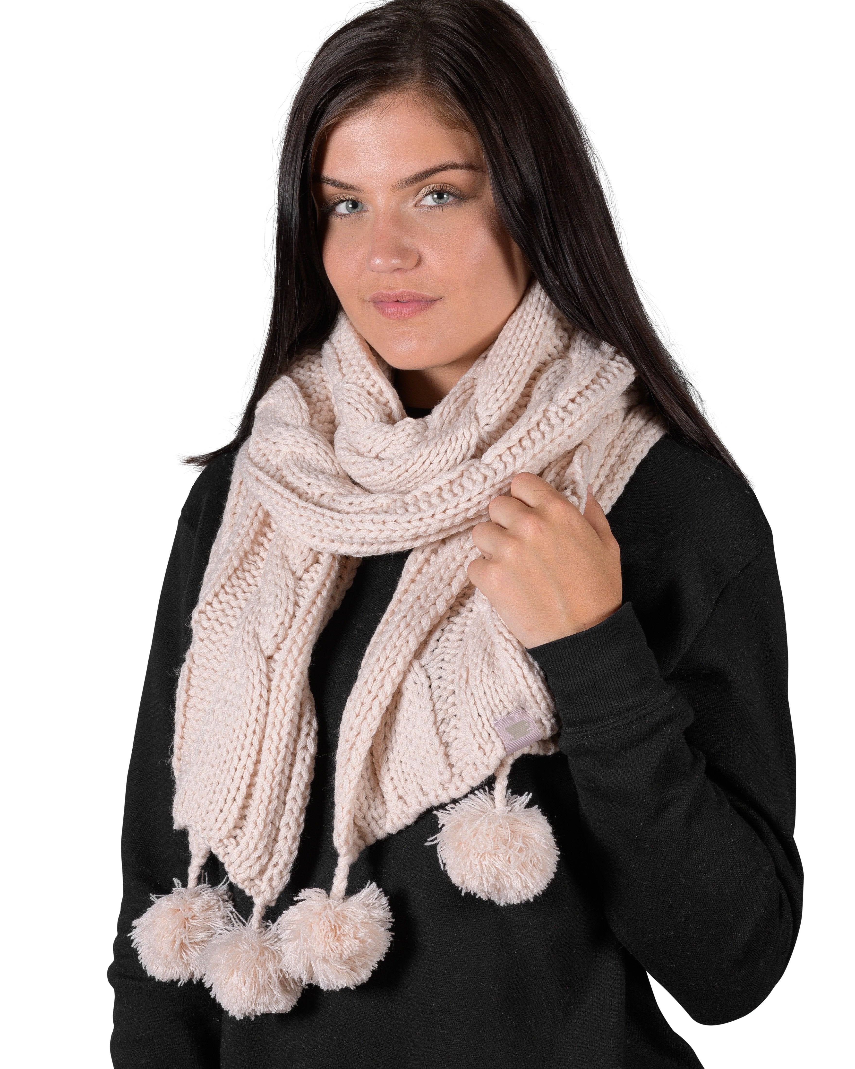 Textured Cable Knit Pom Pom Scarf - Millennial Pink - LATTELOVE Co.