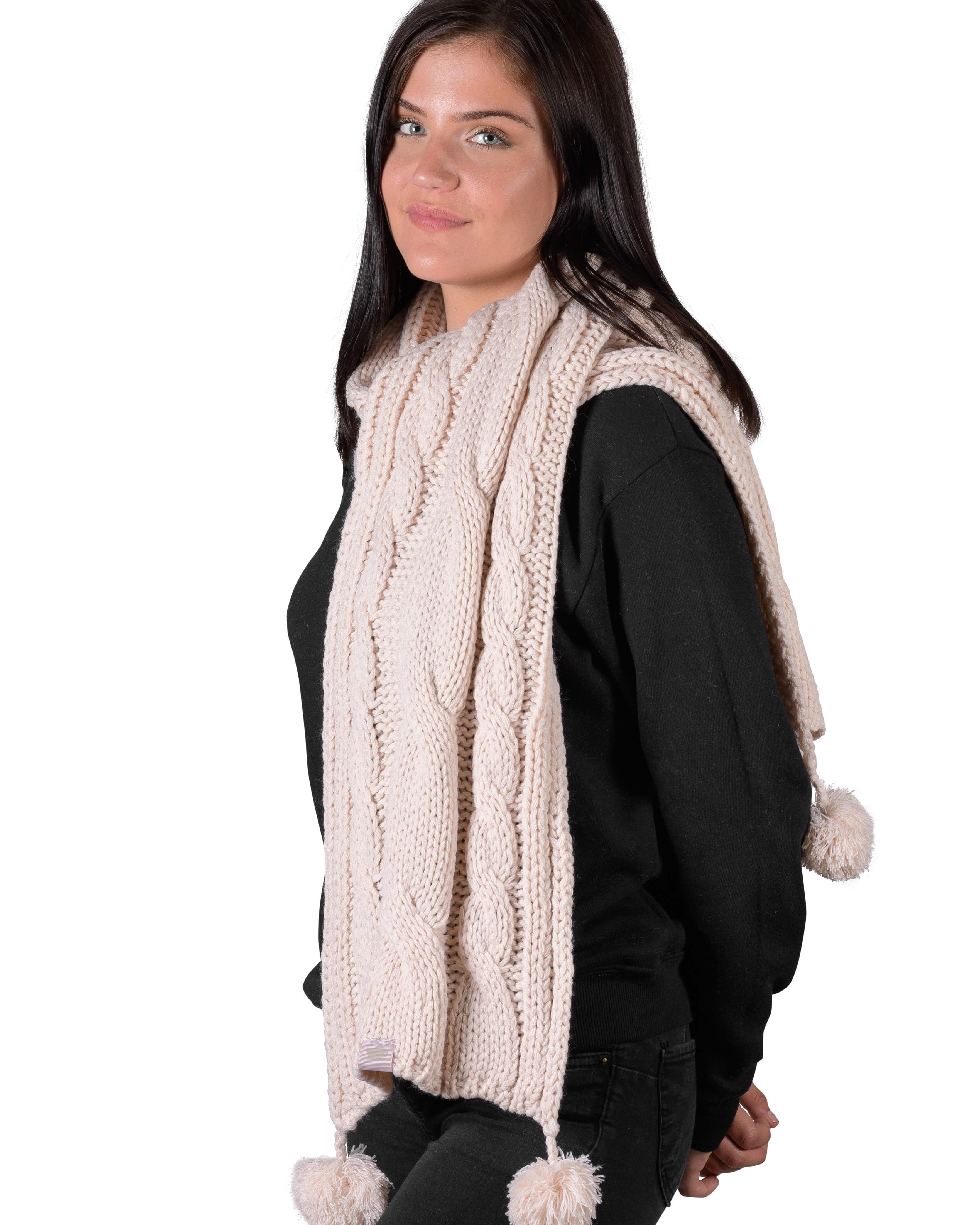 Textured Cable Knit Pom Pom Scarf - Millennial Pink - LATTELOVE Co.