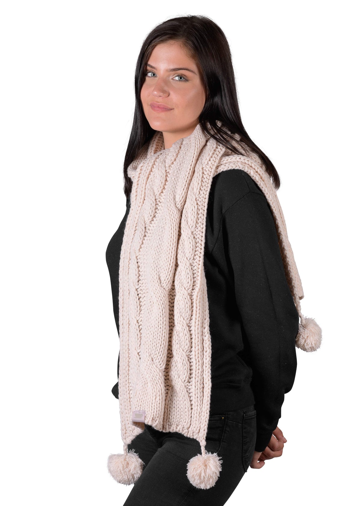 Textured Cable Knit Pom Pom Scarf - Millennial Pink - LATTELOVE Co.