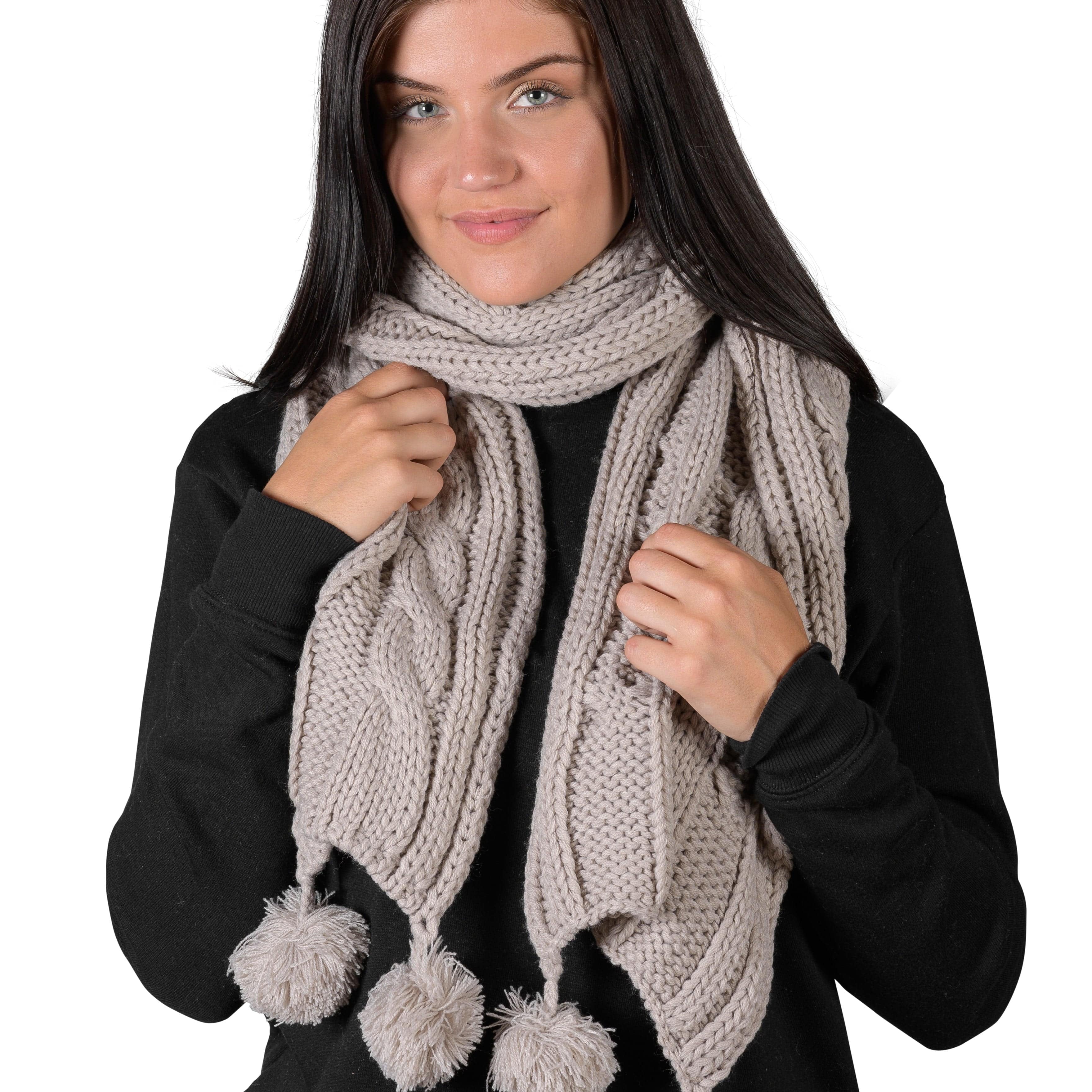 Textured Cable Knit Pom Pom Scarf - Silver Cloud - LATTELOVE Co.