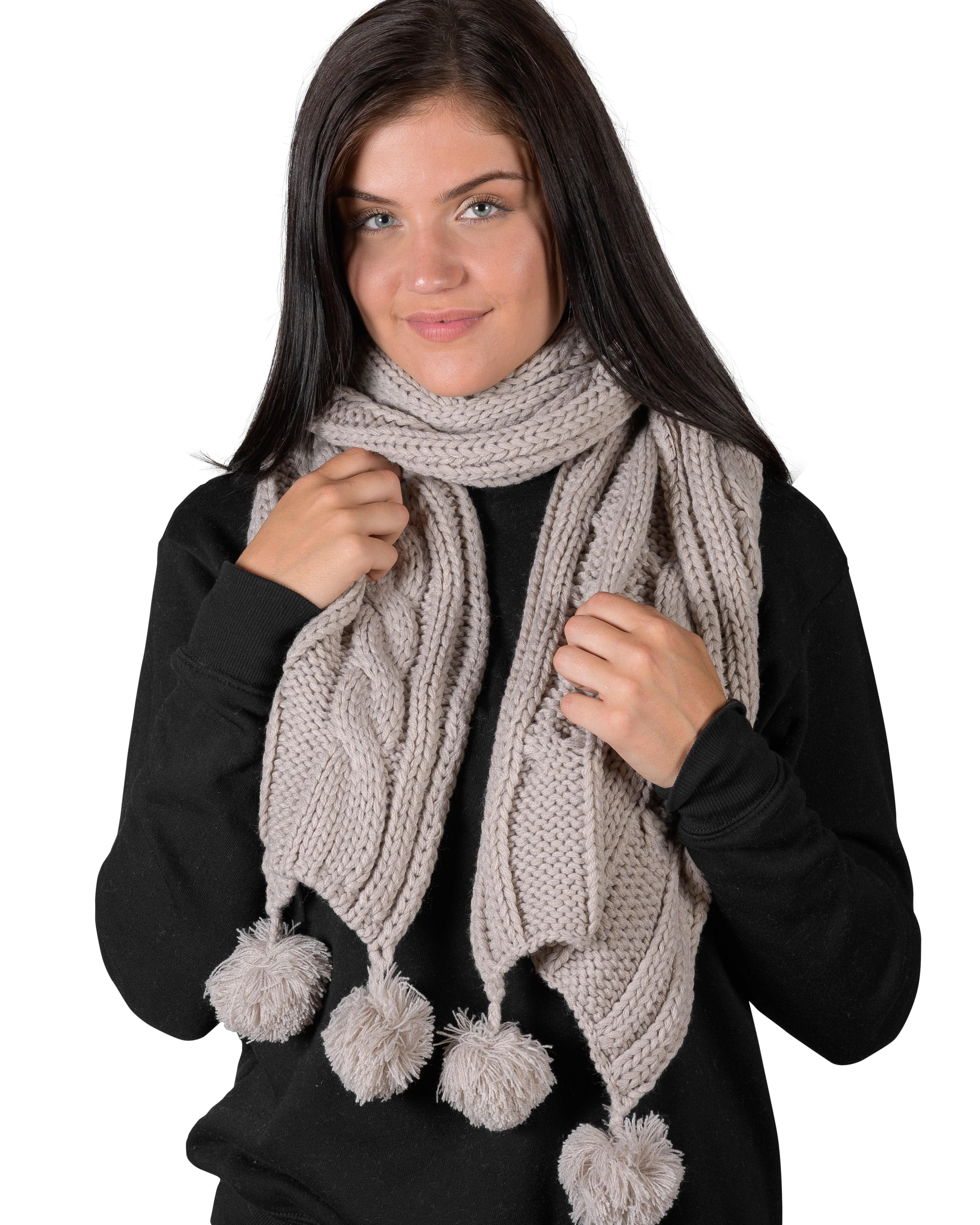 Textured Cable Knit Pom Pom Scarf - Silver Cloud - LATTELOVE Co.