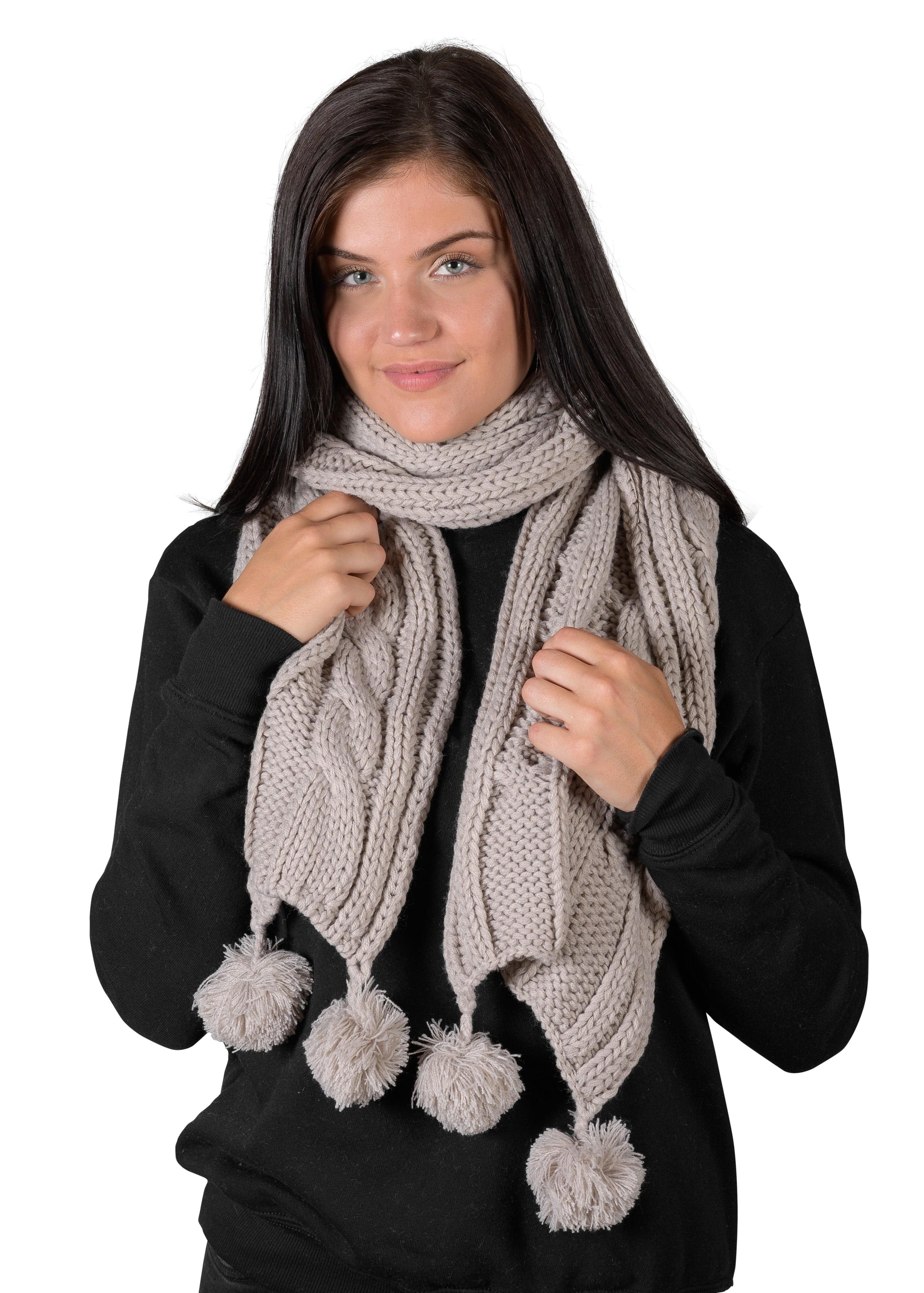 Textured Cable Knit Pom Pom Scarf - Silver Cloud - LATTELOVE Co.