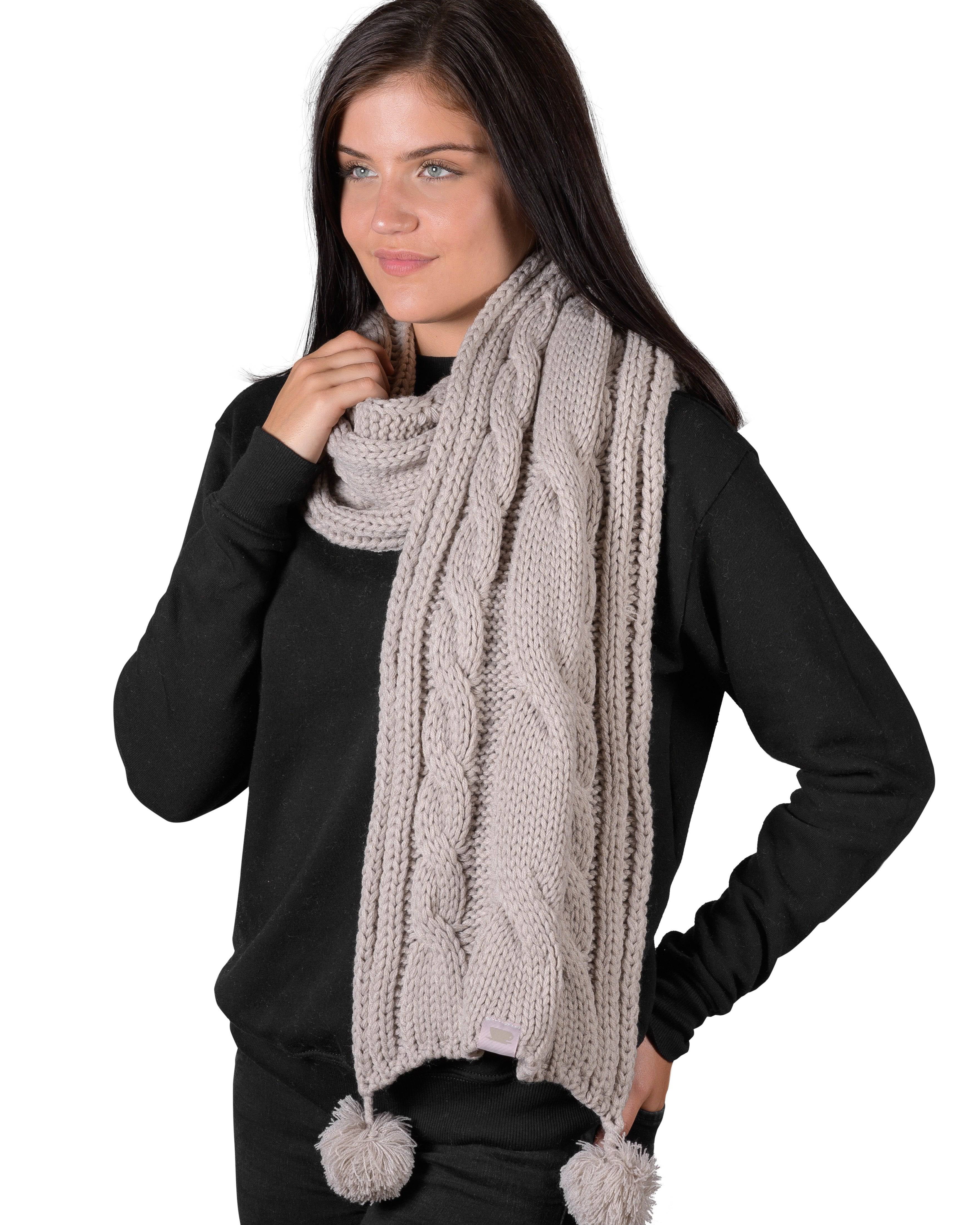 Textured Cable Knit Pom Pom Scarf - Silver Cloud - LATTELOVE Co.