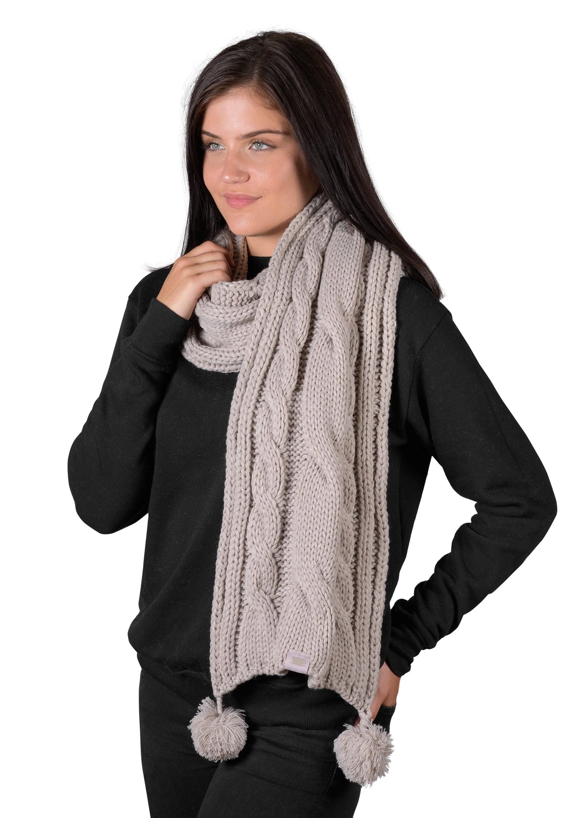 Textured Cable Knit Pom Pom Scarf - Silver Cloud - LATTELOVE Co.